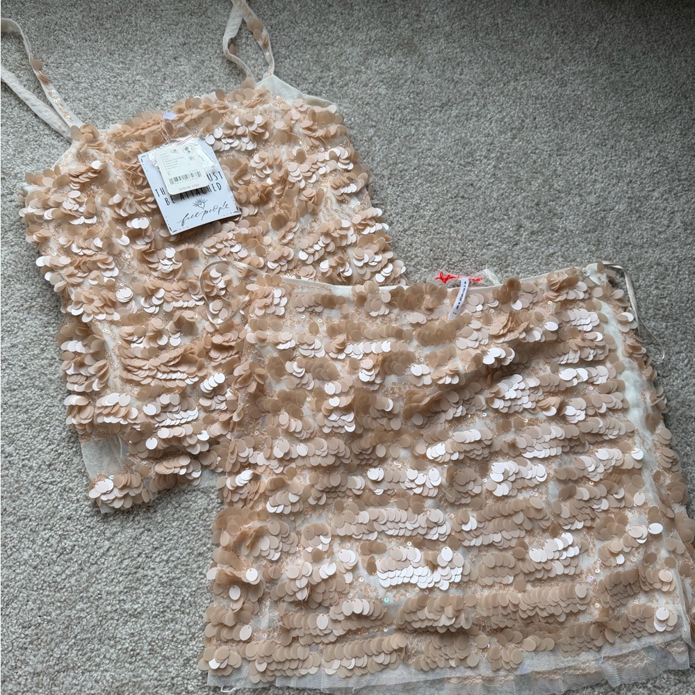 NWT Free People Tan Pink Sequin Porter Set Tank Top (S) and Mini Skirt (M) - Picture 5 of 10